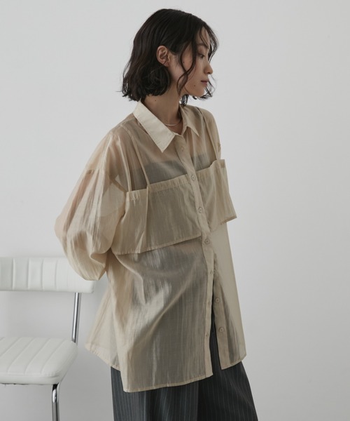 Aunt Marie's(アントマリーズ)の「フェイクレイヤードオーバーサイズシアーシャツ(シャツ/ブラウス・レディース・ブラウン/ネイビー/キャメル/ナチュラル・FREE)」の14枚目の写真