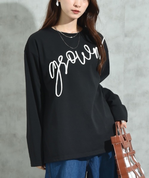 INTERPLANET(インタープラネット)の「テープ刺繍ロゴ長袖プルオーバー(Tシャツ/カットソー・レディース・ブラック/オフホワイト・FREE)」の2枚目の写真