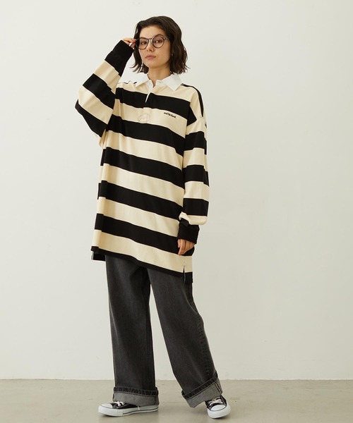 MILKFED.（ミルクフェド）の「STRIPED RUGBY SHIRT（Tシャツ/カットソー・レディース・アッシュ/ブラック/ネイビー・ONE SIZE）」の6枚目の写真