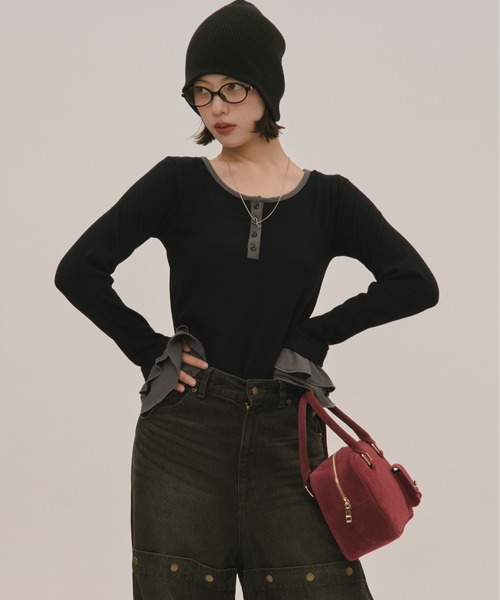 loin nuit（ロワンニュイ）の「bell sleeve rib tops / ベルスリーブリブトップス（Tシャツ/カットソー・レディース・ブラック/ボルドー・FREE）」の18枚目の写真