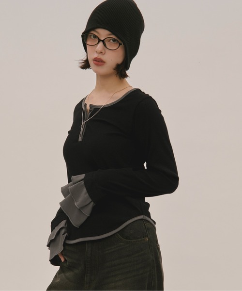 loin nuit（ロワンニュイ）の「bell sleeve rib tops / ベルスリーブリブトップス（Tシャツ/カットソー・レディース・ブラック/ボルドー・FREE）」の8枚目の写真