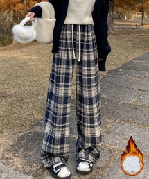 チェック柄パンツ ワイドパンツ 裏起毛パンツ レディース ストレート