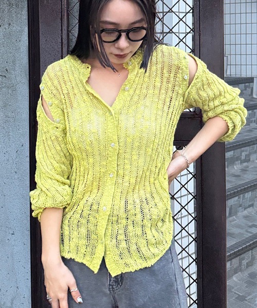 Ameri（アメリ）の「MELANGE NEP KNIT TOP（ニット/セーター・レディース・ブラック/ホワイト/ライム・FREE）」の3枚目の写真