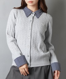 シャツレイヤード風ニットカーディガン/チェック/ワンポイント刺繍ロゴ