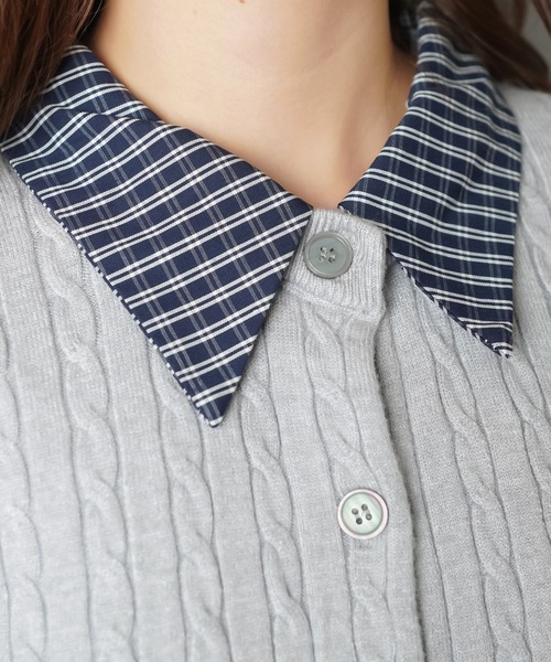 SPINNS（スピンズ）の「シャツレイヤード風ニットカーディガン/チェック/ワンポイント刺繍ロゴ（カーディガン/ボレロ・レディース・ネイビー/ワイン/グレー/オフホワイト・ONESIZE）」の15枚目の写真