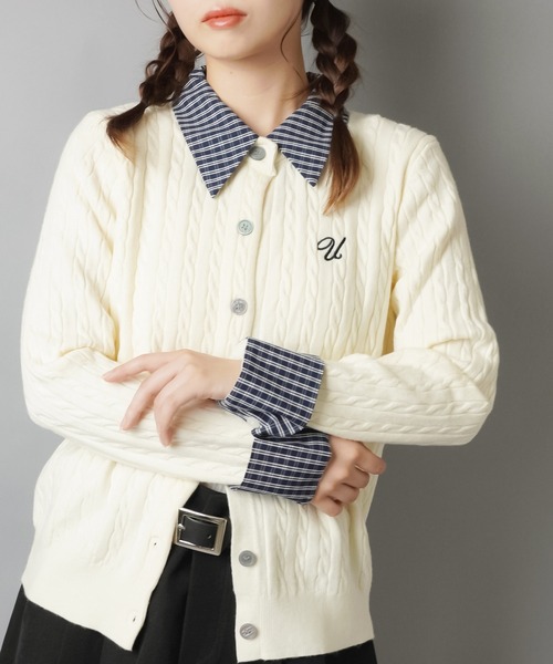 SPINNS（スピンズ）の「シャツレイヤード風ニットカーディガン/チェック/ワンポイント刺繍ロゴ（カーディガン/ボレロ・レディース・ネイビー/ワイン/グレー/オフホワイト・ONESIZE）」の22枚目の写真