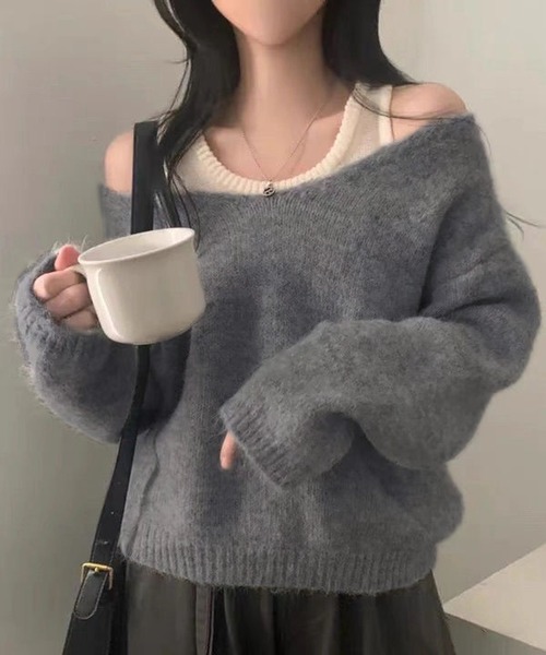 Nia（ニア）の「Nia(ニア)/【セットアイテム】レイヤードバイカラーオフショルニット（ニット/セーター・レディース・ブラウン/アイボリー/グレー・FREE）」の6枚目の写真