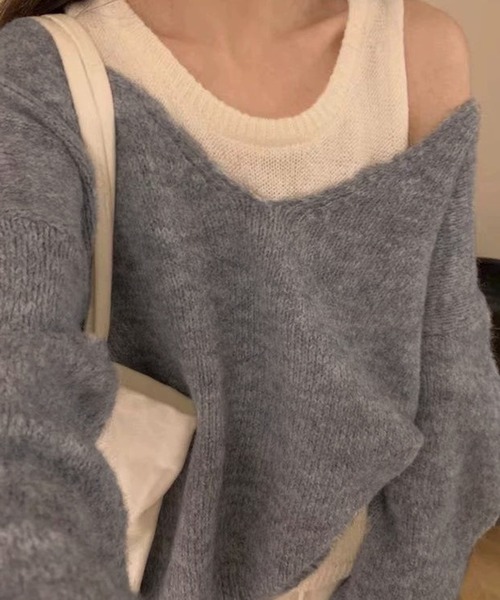 Nia（ニア）の「Nia(ニア)/【セットアイテム】レイヤードバイカラーオフショルニット（ニット/セーター・レディース・ブラウン/アイボリー/グレー・FREE）」の8枚目の写真