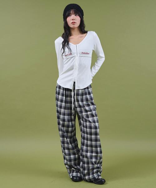 dispark（ディスパーク）の「DISPARK/ワイドルーズチェックパンツ（スラックス・レディース・ネイビー/ブラック・FREE）」の4枚目の写真
