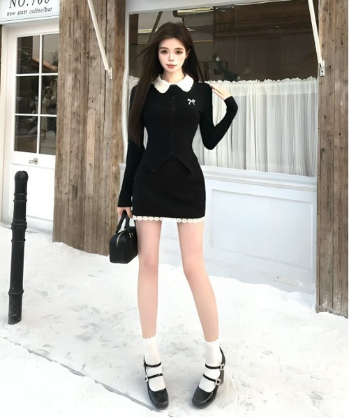 gossip!ロサンゼルス(ゴシップロサンゼルス)の「大人可愛い|ドットビジュアルトップス+レースブラックミニスカートセットアップ Y2K(セットアップ・レディース・ブラック・FREE)」の5枚目の写真