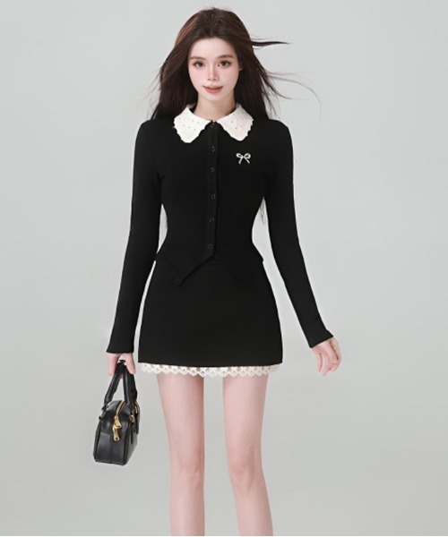 gossip!ロサンゼルス(ゴシップロサンゼルス)の「大人可愛い|ドットビジュアルトップス+レースブラックミニスカートセットアップ Y2K(セットアップ・レディース・ブラック・FREE)」の6枚目の写真