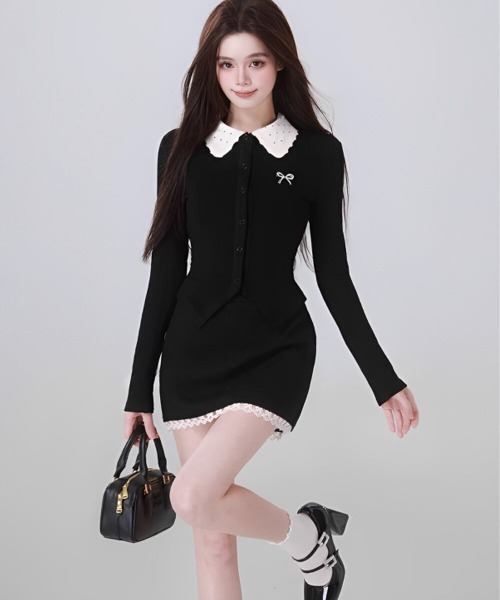 gossip!ロサンゼルス(ゴシップロサンゼルス)の「大人可愛い|ドットビジュアルトップス+レースブラックミニスカートセットアップ Y2K(セットアップ・レディース・ブラック・FREE)」の9枚目の写真