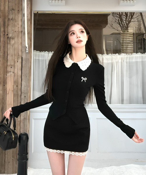 gossip!ロサンゼルス(ゴシップロサンゼルス)の「大人可愛い|ドットビジュアルトップス+レースブラックミニスカートセットアップ Y2K(セットアップ・レディース・ブラック・FREE)」の12枚目の写真