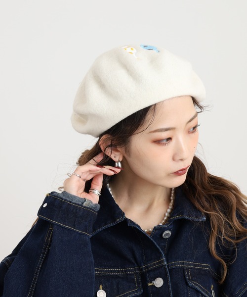 Crossi ネコちゃん刺繍フェルトベレー帽（ハンチング/ベレー帽