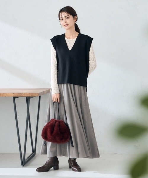 a.v.v(アーヴェヴェ)の「【洗える】チュールフレアスカート(スカート・レディース・アイボリー/チャコールグレー・36/40/38)」の12枚目の写真