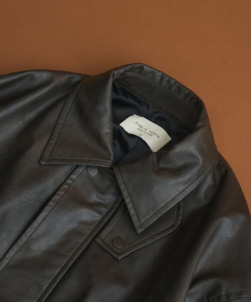 PUBLIC TOKYO（パブリックトウキョウ）の「ビンテージライクオーバーサイズレザーブルゾン　/２WAY仕様/スタンド/春服/防風性/防水性/アウター（ブルゾン・メンズ・ブラック/ブラウン・1/2）」の4枚目の写真