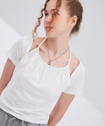 シャーリングホルターネックTシャツ[ホワイト]