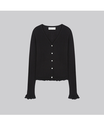 V-neck frill ribbed knit cardigan_Black
