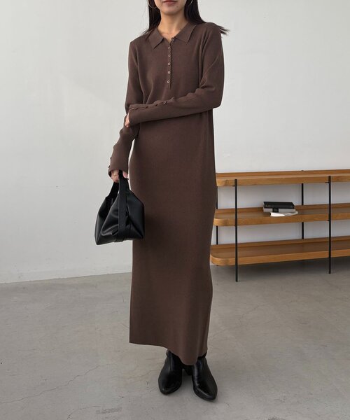 セール】【低身長サイズあり】襟ニットワンピース（ワンピース  