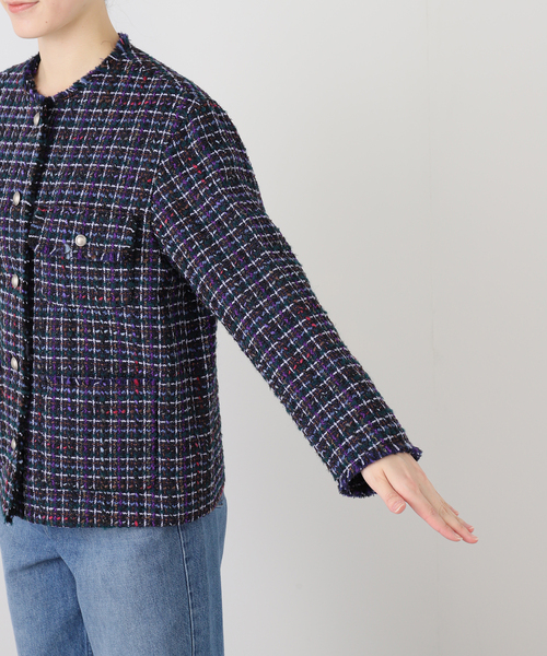 LINTON ツイード・ノーカラージャケット ネイビー系 セール】LINTONツイードジャケット（ノーカラージャケット）｜IENA