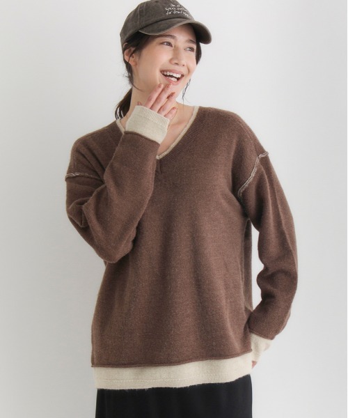 Right-on(ライトオン)の「HONEYSUCKLE ROSE(ハニーサックルローズ)【レディース】フェイクレイヤードVネックセーター(ニット/セーター・レディース・ブラウン/グリーン/グレー・S/M/L)」の1枚目の写真