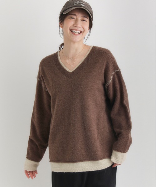 Right-on(ライトオン)の「HONEYSUCKLE ROSE(ハニーサックルローズ)【レディース】フェイクレイヤードVネックセーター(ニット/セーター・レディース・ブラウン/グリーン/グレー・S/M/L)」の13枚目の写真