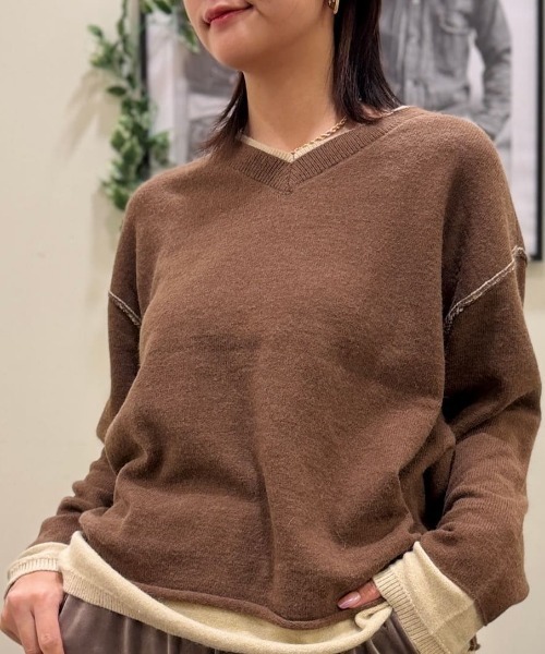Right-on(ライトオン)の「HONEYSUCKLE ROSE(ハニーサックルローズ)【レディース】フェイクレイヤードVネックセーター(ニット/セーター・レディース・ブラウン/グリーン/グレー・S/M/L)」の14枚目の写真