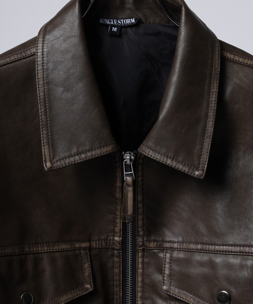 Jungle Storm（ジャングルストーム）の「JUNGLE STORM ヴィンテージ加工PU ジップGジャン（デニムジャケット・メンズ・ブラック/ブラウン・M/L）」の5枚目の写真