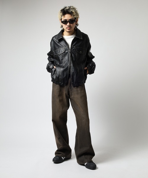 Jungle Storm（ジャングルストーム）の「JUNGLE STORM ヴィンテージ加工PU ジップGジャン（デニムジャケット・メンズ・ブラック/ブラウン・M/L）」の16枚目の写真