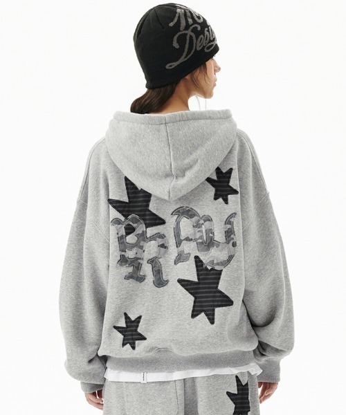 MAHAGRID(マハグリッド)の「『mahagrid/マハグリッド』 PRAY APPLIQUE CROP ZIP UP HOODIE/プレイ短丈ジップアップパーカー(スウェット・レディース・ブラック/チャコールグレー/グレー・FREE)」の9枚目の写真