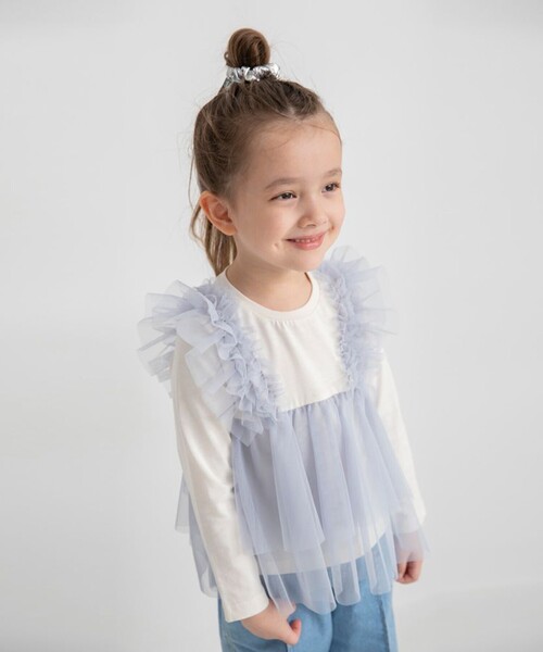 BRANSHES（ブランシェス）の「チュールレイヤード風長袖Tシャツ（Tシャツ/カットソー・キッズ・サックスブルー/グレー・100/110/120/90/80/130/140/150）」の14枚目の写真