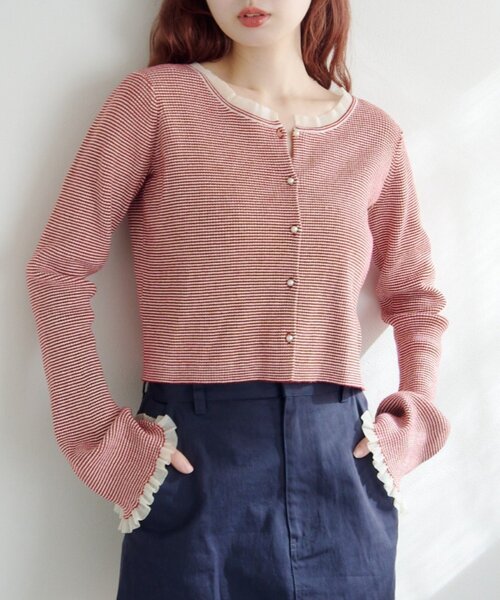 3/14まで限定出品 最終値下げ kastane パールボタンフリルカーディガン 無地&ボーダー】パールボタンフリルカーディガン | Kastane(カスタネ