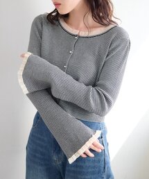 Kastane（カスタネ）の「【無地&ボーダー】パールボタンフリルカーディガン（カーディガン/ボレロ）」