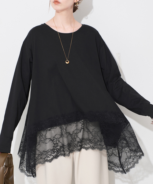 SLOBE IENA(スローブイエナ)の「《追加5》レースコンビカットソー(Tシャツ/カットソー・レディース・ブラック/ホワイト・FREE)」の4枚目の写真