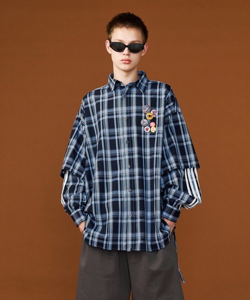 シャツ+ブラウス(長袖+七分) YOOU Check over shirt Check over shirt【Blue】 – YOOU