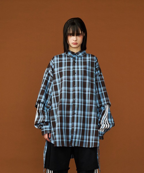 セール】【UNISEX】CHECK LINE OVER SHIRTS with BADGE/チェックライン
