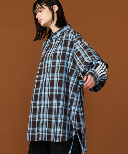 セール】【UNISEX】CHECK LINE OVER SHIRTS with BADGE/チェックライン