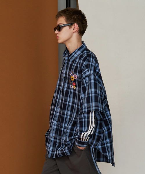 SeeSew(シーソー)の「【UNISEX】CHECK LINE OVER SHIRTS with BADGE/チェックラインオーバーシャツ缶バッジ付(シャツ/ブラウス・メンズ・ネイビー/ブラウン・M/L)」の13枚目の写真