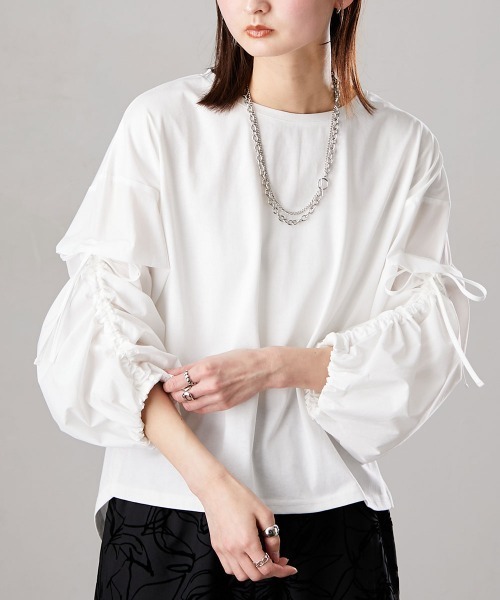 Soiunique（スワユニーク）の「異素材切替シャーリング袖デザイン長袖Ｔシャツ　［Soiunique］（Tシャツ/カットソー・レディース・オフホワイト/ブラック・L/M）」の11枚目の写真