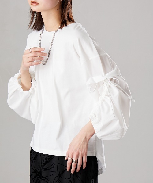 Soiunique（スワユニーク）の「異素材切替シャーリング袖デザイン長袖Ｔシャツ　［Soiunique］（Tシャツ/カットソー・レディース・オフホワイト/ブラック・L/M）」の13枚目の写真