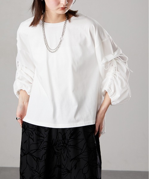 Soiunique（スワユニーク）の「異素材切替シャーリング袖デザイン長袖Ｔシャツ　［Soiunique］（Tシャツ/カットソー・レディース・オフホワイト/ブラック・L/M）」の18枚目の写真