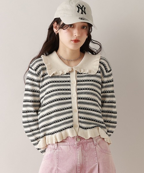 RAGEBLUE(レイジブルー)の「アイレット編み/ボーダーフリルニットカーディガン(カーディガン/ボレロ・レディース・ホワイト/グレー・FREE)」の1枚目の写真