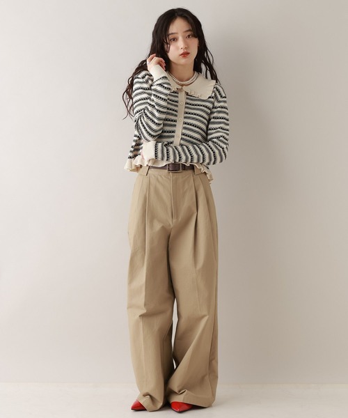 RAGEBLUE(レイジブルー)の「アイレット編み/ボーダーフリルニットカーディガン(カーディガン/ボレロ・レディース・ホワイト/グレー・FREE)」の3枚目の写真