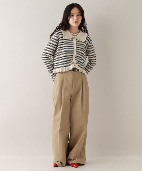 RAGEBLUE(レイジブルー)の「アイレット編み/ボーダーフリルニットカーディガン(カーディガン/ボレロ・レディース・ホワイト/グレー・FREE)」の4枚目の写真