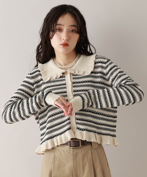 RAGEBLUE(レイジブルー)の「アイレット編み/ボーダーフリルニットカーディガン(カーディガン/ボレロ・レディース・ホワイト/グレー・FREE)」の6枚目の写真