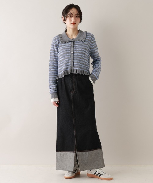 RAGEBLUE(レイジブルー)の「アイレット編み/ボーダーフリルニットカーディガン(カーディガン/ボレロ・レディース・ホワイト/グレー・FREE)」の7枚目の写真