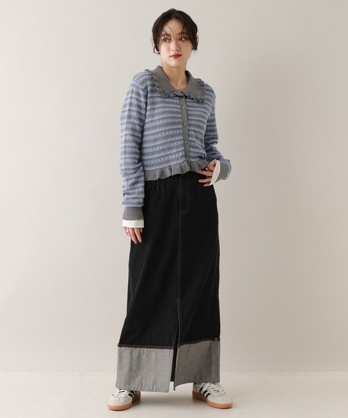 RAGEBLUE(レイジブルー)の「アイレット編み/ボーダーフリルニットカーディガン(カーディガン/ボレロ・レディース・ホワイト/グレー・FREE)」の8枚目の写真