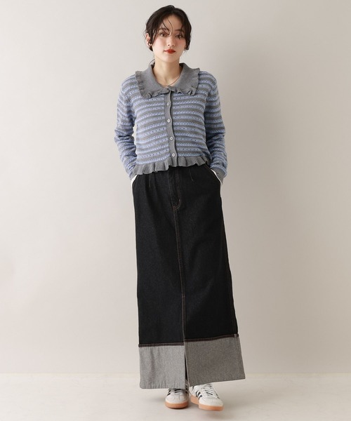 RAGEBLUE(レイジブルー)の「アイレット編み/ボーダーフリルニットカーディガン(カーディガン/ボレロ・レディース・ホワイト/グレー・FREE)」の9枚目の写真