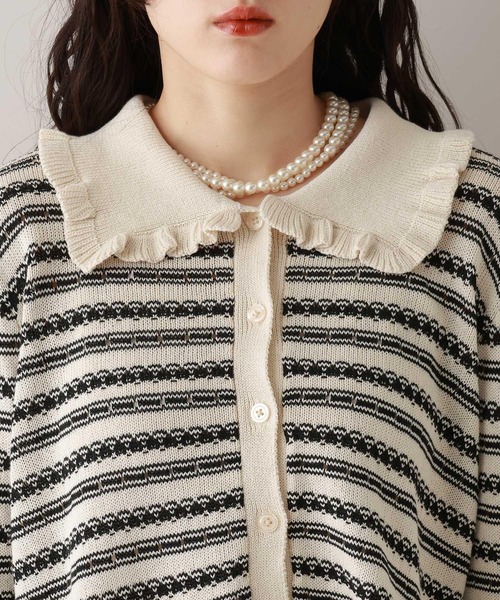 RAGEBLUE(レイジブルー)の「アイレット編み/ボーダーフリルニットカーディガン(カーディガン/ボレロ・レディース・ホワイト/グレー・FREE)」の14枚目の写真