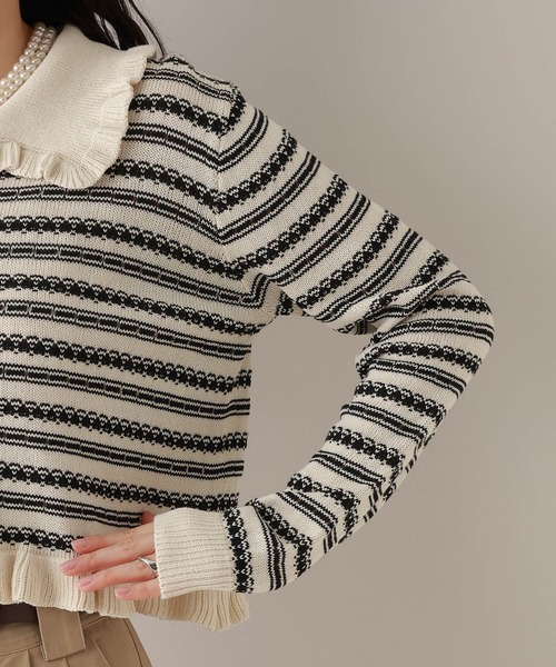 RAGEBLUE(レイジブルー)の「アイレット編み/ボーダーフリルニットカーディガン(カーディガン/ボレロ・レディース・ホワイト/グレー・FREE)」の15枚目の写真